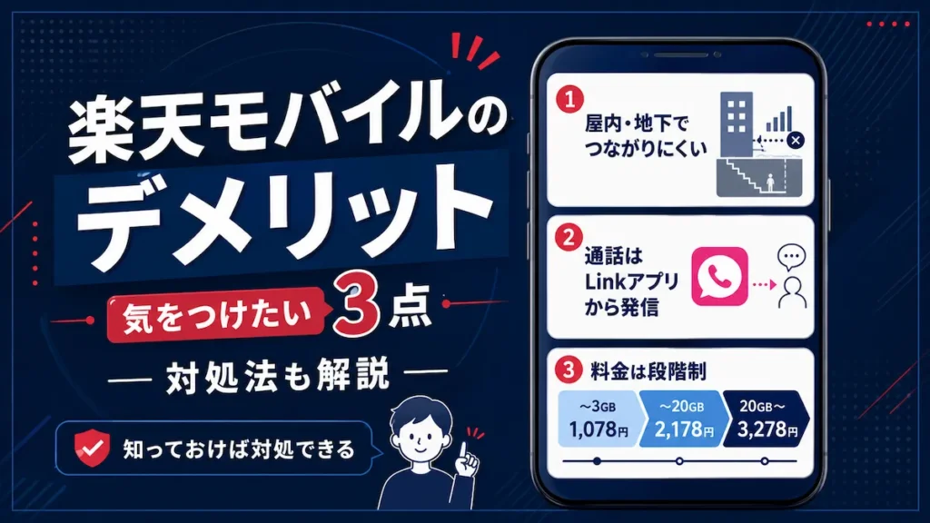楽天モバイルのデメリット気をつけたい3点（屋内・地下でつながりにくい／通話はLinkアプリから発信／料金は段階制）と対処法を解説した図