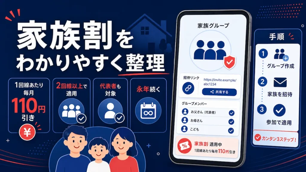 楽天モバイル 家族割（最強家族割）の仕組みをわかりやすく整理したイメージ図。1回線あたり毎月110円引き、2回線以上で適用、代表者も対象、永年続くの4つのポイントと、グループ作成から家族招待・参加までのカンタン3ステップを図解。