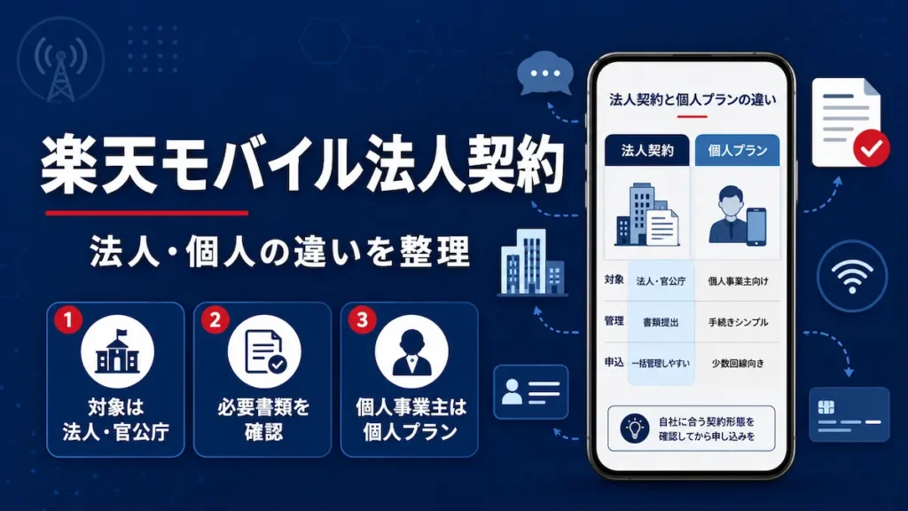 楽天モバイル法人契約と個人プランの違いを、対象・管理・申込の3点で整理した図解