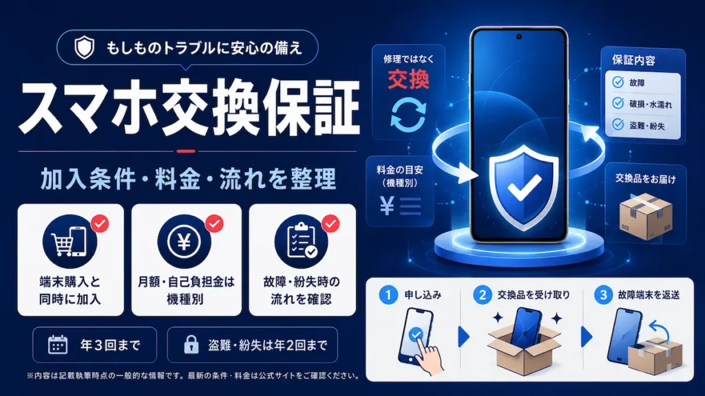 楽天モバイル スマホ交換保証の加入条件・料金・故障時の交換の流れを図解したアイキャッチ画像