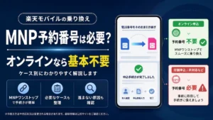 楽天モバイルの乗り換えでMNP予約番号は必要かを、オンライン申込なら基本不要・店舗申込や非対応のケースは必要と整理した解説図