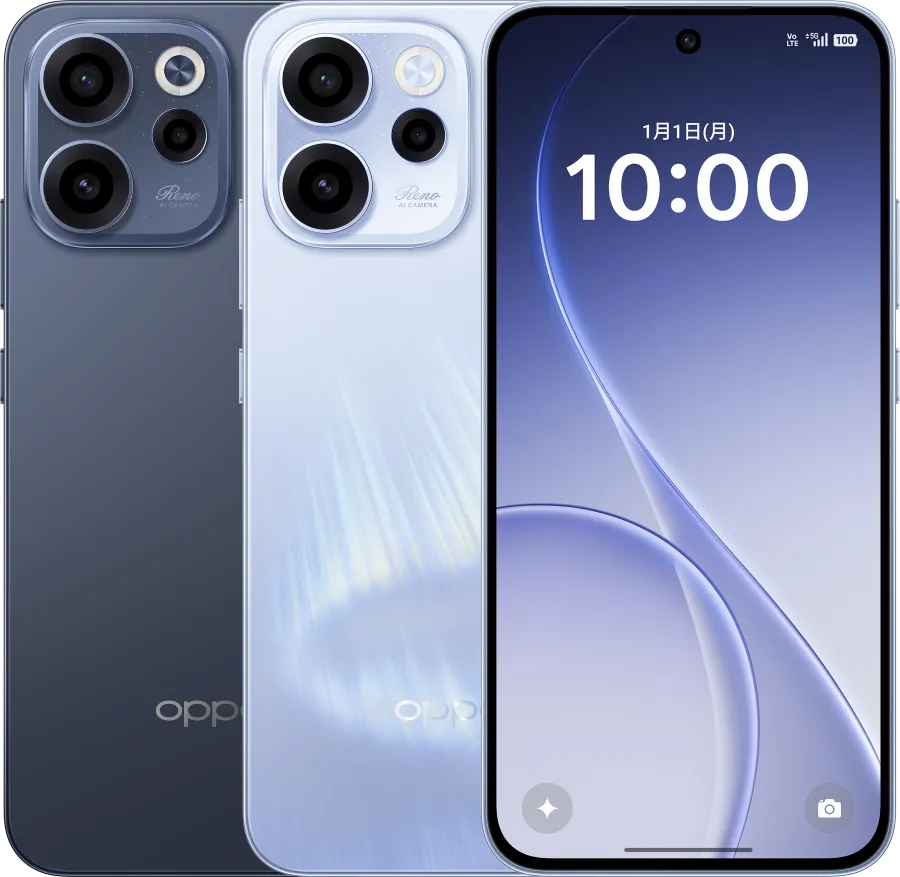 楽天モバイルで取り扱うOPPO Reno15 Aの2色の本体カラーと背面カメラ・前面ディスプレイ