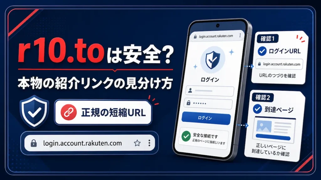 r10.toは安全かを解説し、本物の楽天の紹介リンクをログイン画面のURLと到達ページで見分ける2ステップを示した図