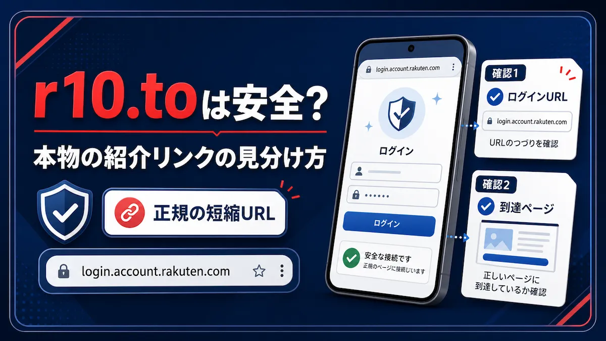 r10.toは安全かを解説し、本物の楽天の紹介リンクをログイン画面のURLと到達ページで見分ける2ステップを示した図