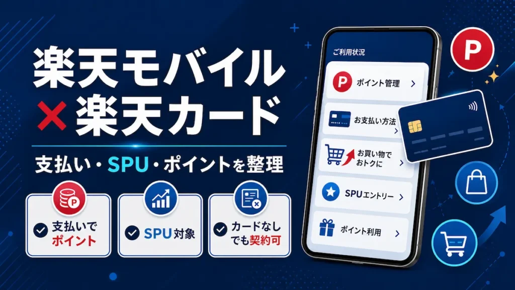 楽天モバイルと楽天カードの組み合わせを示すアイキャッチ。スマートフォンのポイント残高と支払い方法の画面、クレジットカード、支払いでポイント・SPU対象・カードなしでも契約可の3つの特長を並べたデザイン