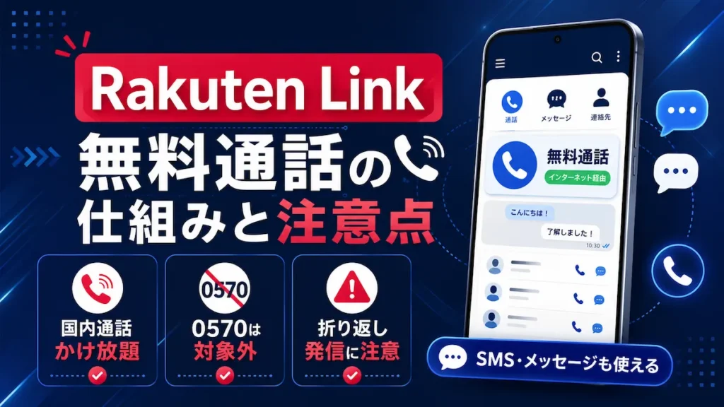 楽天リンク（Rakuten Link）の無料通話の仕組みと注意点を解説するアプリ画面のイメージ