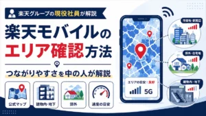 楽天モバイルのエリア確認方法と建物内・郊外・速度の目安を解説するアイキャッチ画像