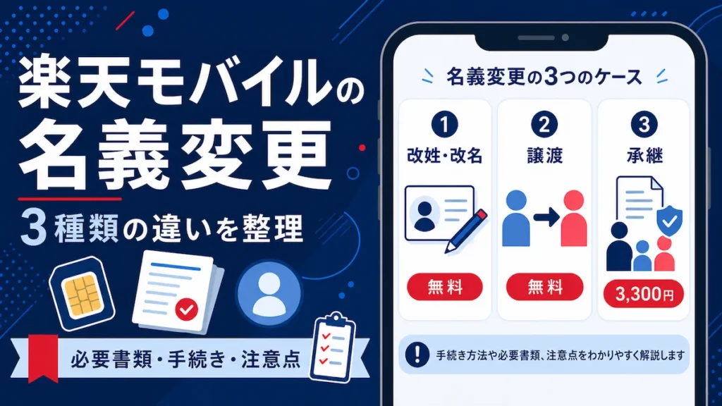楽天モバイルの名義変更における改姓・譲渡・承継の違いを整理するアイキャッチ画像