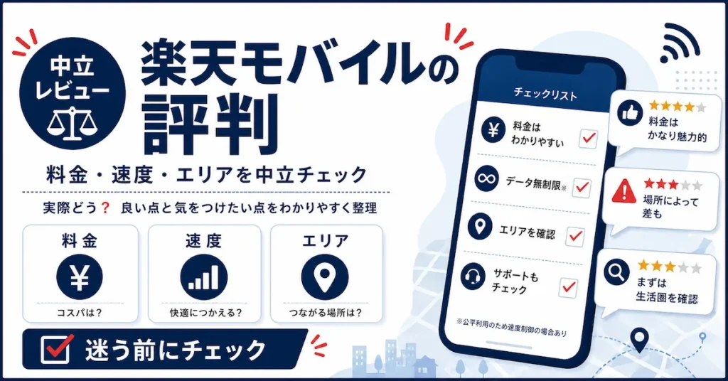 楽天モバイルの評判を料金・速度・エリアの観点で中立に解説する記事のアイキャッチ画像