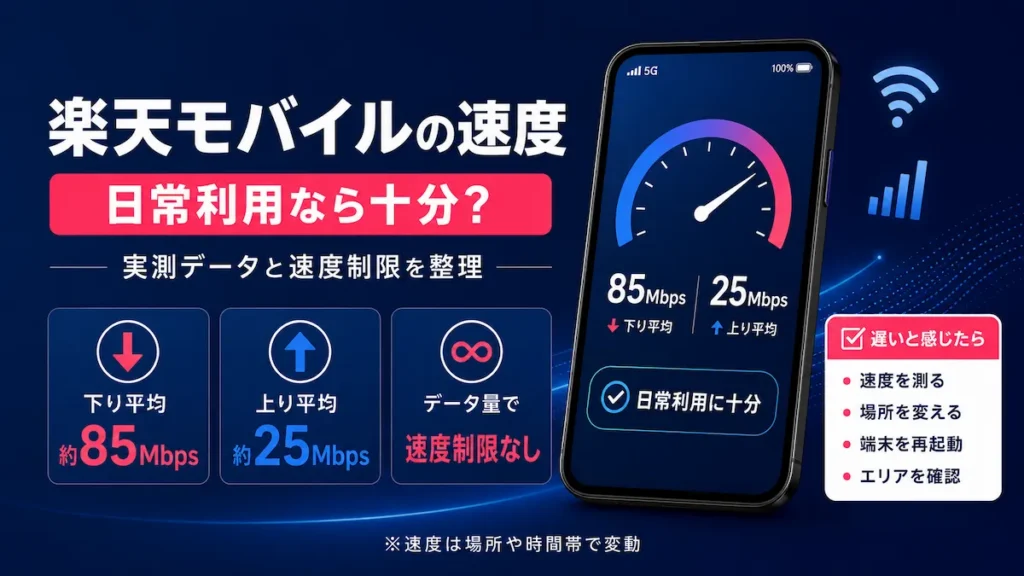 楽天モバイルの速度と通信速度の目安を実測データで整理するアイキャッチ画像