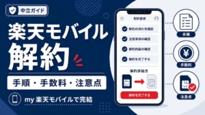 楽天モバイルの解約手順や手数料、注意点をスマホ画面付きで解説するアイキャッチ画像
