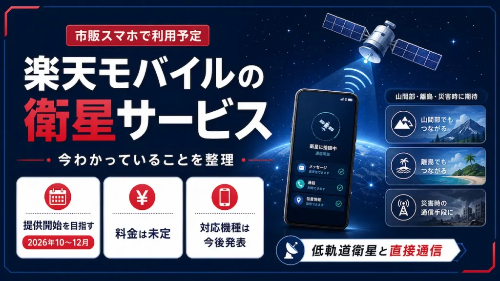 楽天モバイルの衛星サービスを解説するアイキャッチ。低軌道衛星と市販スマホの直接通信で山間部・離島・災害時もつながる仕組みと、提供開始時期や料金の最新情報をまとめている