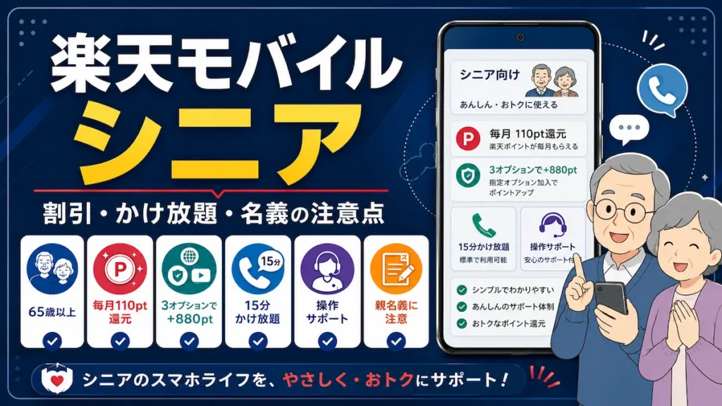 楽天モバイル シニア向けの割引やかけ放題、操作サポートと名義の注意点を案内するイメージ