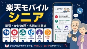 楽天モバイル シニア向けの割引やかけ放題、操作サポートと名義の注意点を案内するイメージ