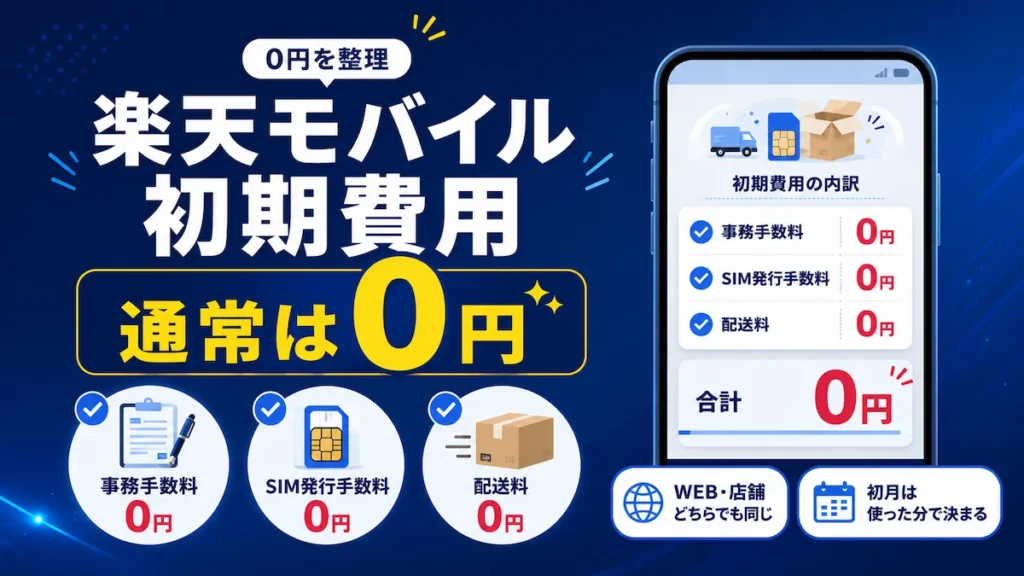 楽天モバイルの初期費用の内訳。事務手数料・SIM発行手数料・配送料が通常0円であることを示すイメージ