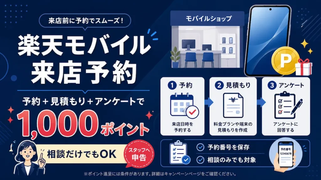 楽天モバイル来店予約キャンペーン：予約＋見積もり＋アンケートで1,000ポイント、相談だけでもOK