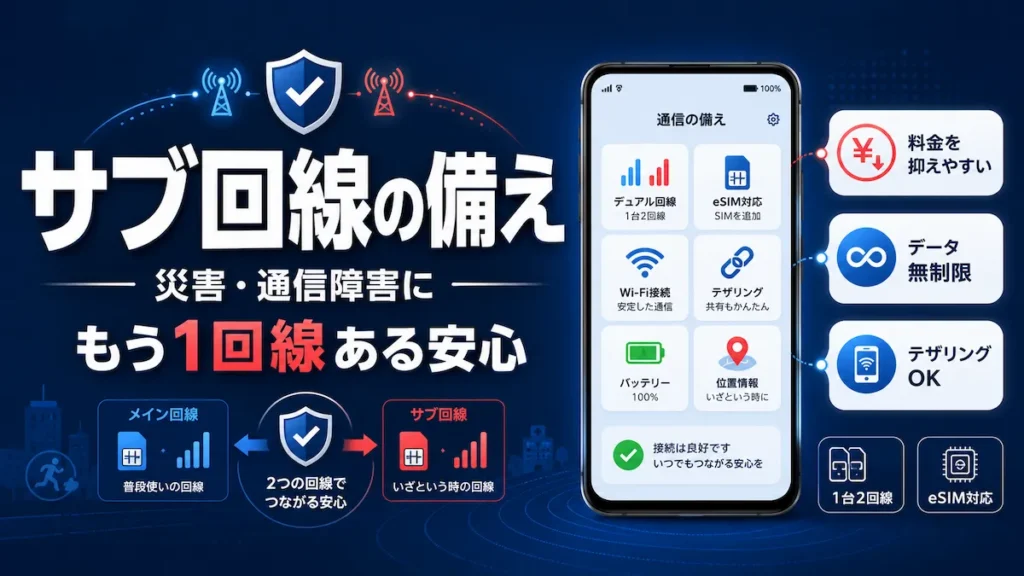楽天モバイルをサブ回線として持ち災害や通信障害に備える2台持ちのイメージ