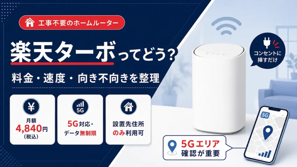 楽天ターボのホームルーターと月額4,840円・5G対応データ無制限・設置先住所のみ利用可の特徴を整理したアイキャッチ