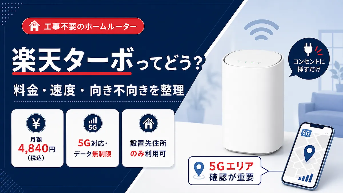 楽天ターボのホームルーターと月額4,840円・5G対応データ無制限・設置先住所のみ利用可の特徴を整理したアイキャッチ