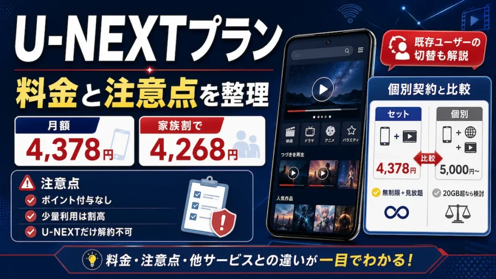 楽天モバイル U-NEXTプランの料金4,378円・家族割4,268円と3つの注意点を図解
