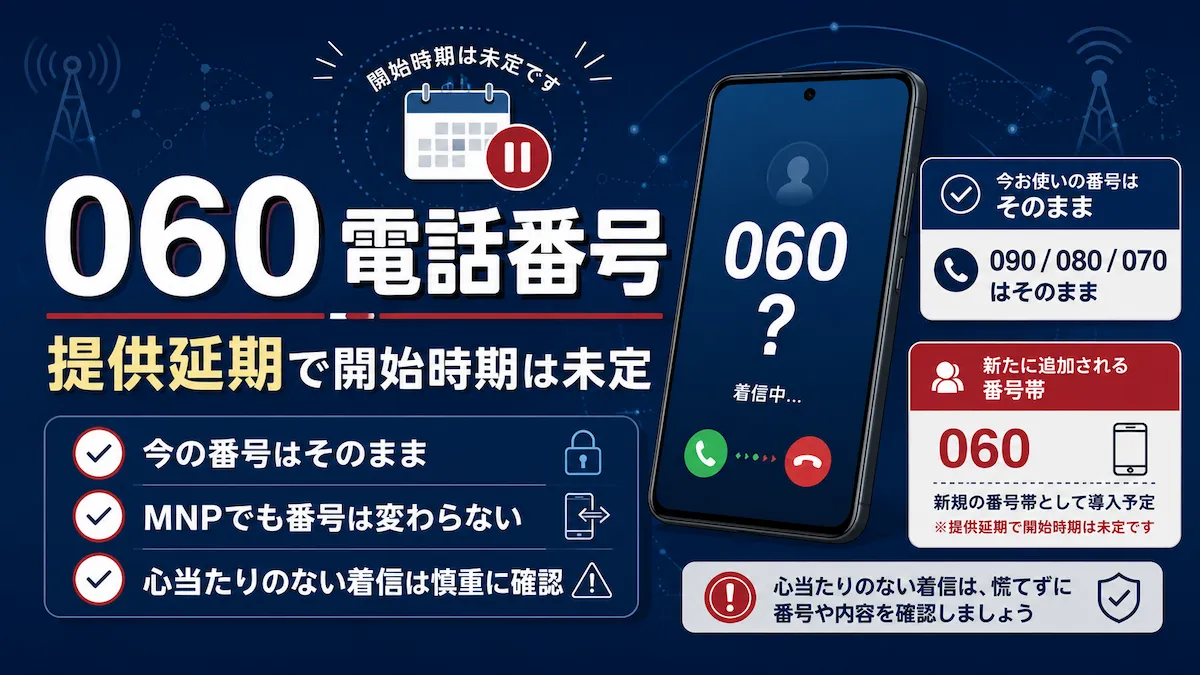 060 電話番号の提供が延期され開始時期が未定であることや、今の番号はそのまま使える点を説明した図解