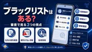 楽天モバイル ブラックリストの有無と、審査で確認される3つの視点をまとめた説明画像です。