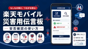 楽天モバイル 災害用伝言板の安否登録画面と使い方のポイントを示した紹介画像