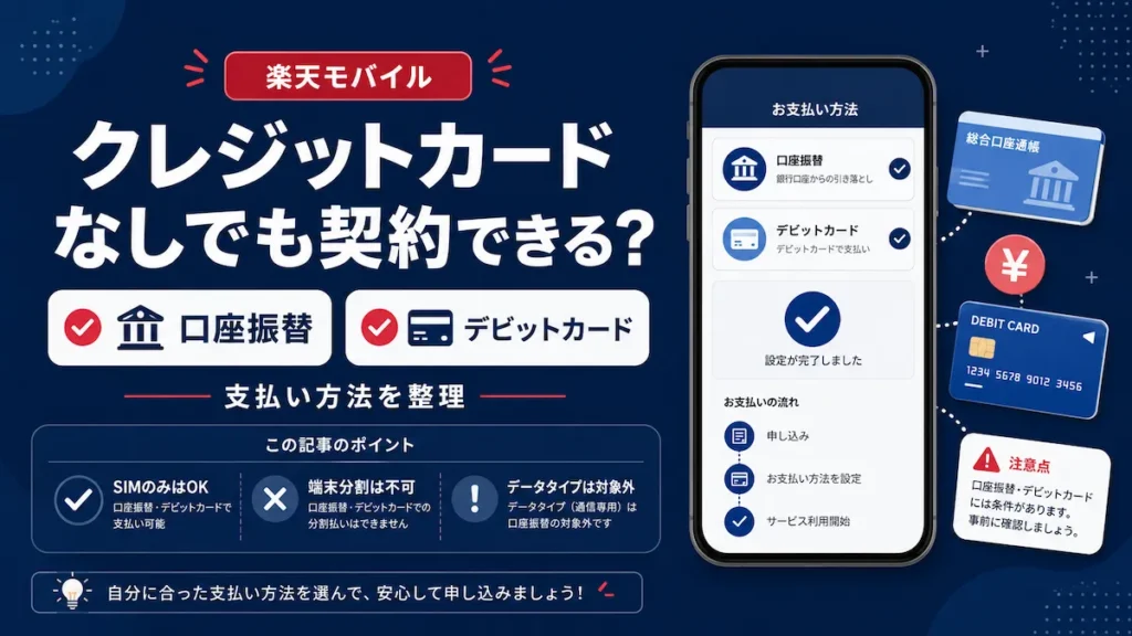 楽天モバイルをクレジットカードなしで契約する方法を口座振替とデビットカードのアイコンで示したスマホ画面イメージ