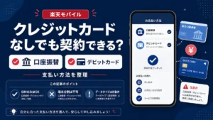 楽天モバイルをクレジットカードなしで契約する方法を口座振替とデビットカードのアイコンで示したスマホ画面イメージ