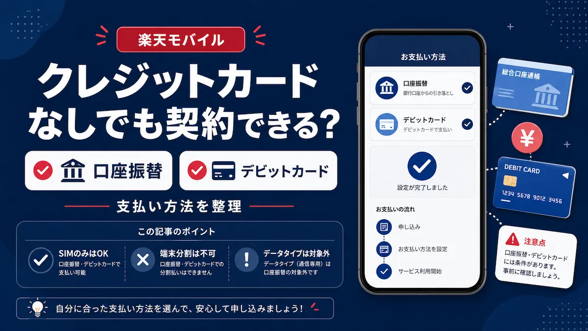 楽天モバイルをクレジットカードなしで契約する方法を口座振替とデビットカードのアイコンで示したスマホ画面イメージ