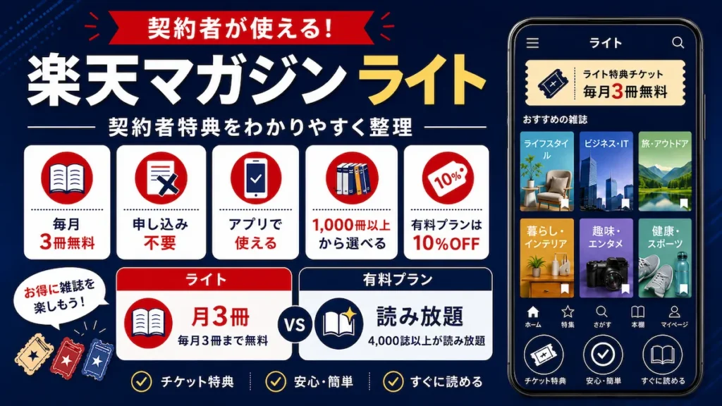 楽天マガジン 楽天モバイル契約者が使える毎月3冊無料のライト特典