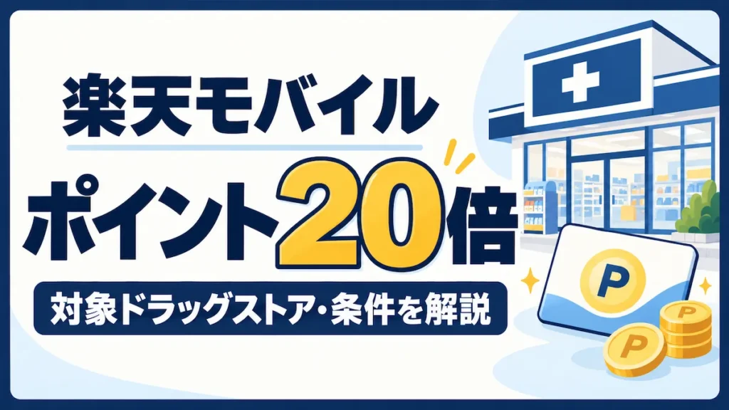 楽天モバイルのポイント20倍と対象ドラッグストアの条件を解説するアイキャッチ