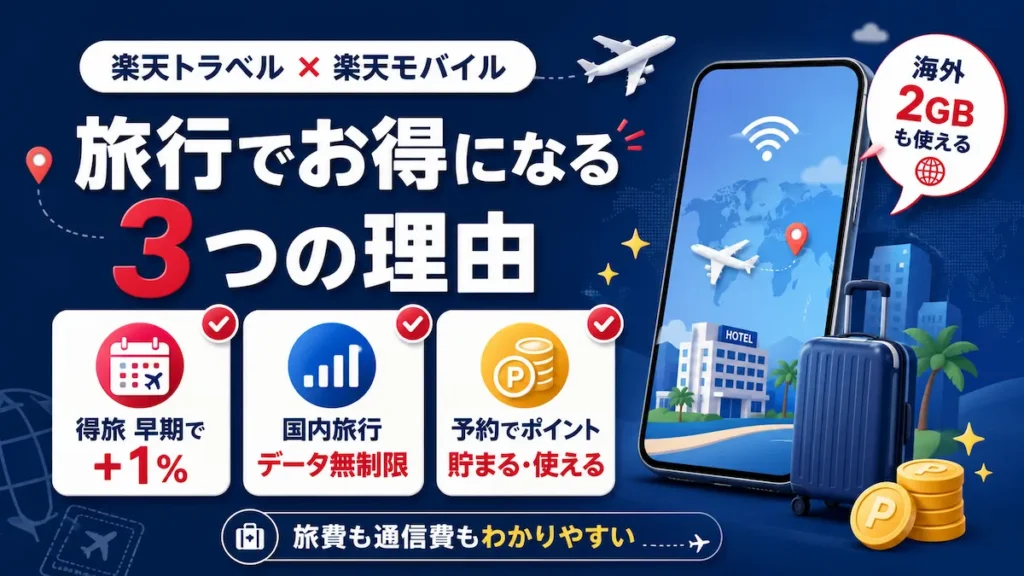 楽天トラベル 楽天モバイルで旅行がお得になる3つの理由を示す図解
