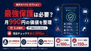 楽天モバイル 最強保護は月990円、3カ月無料で補償は4カ月目から開始、流出チェックで最大300ptがもらえることを紹介する図解