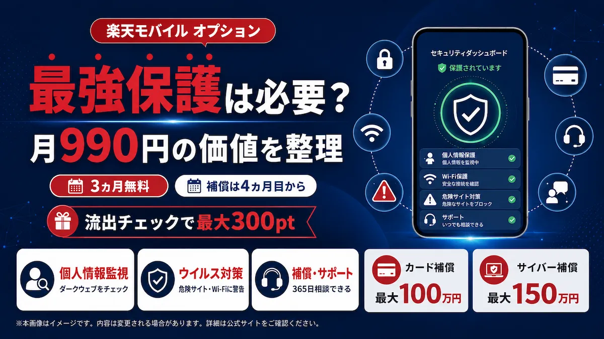 楽天モバイル 最強保護は月990円、3カ月無料で補償は4カ月目から開始、流出チェックで最大300ptがもらえることを紹介する図解