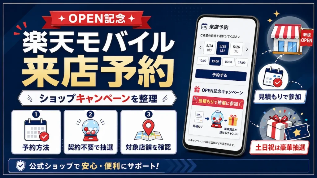 楽天モバイル 来店予約キャンペーンとOPEN記念抽選会の参加方法を示した図解