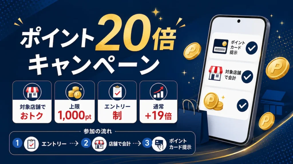 楽天モバイル ポイント20倍キャンペーンの参加ステップ(エントリー→対象店舗で会計→ポイントカード提示)を示した案内画像